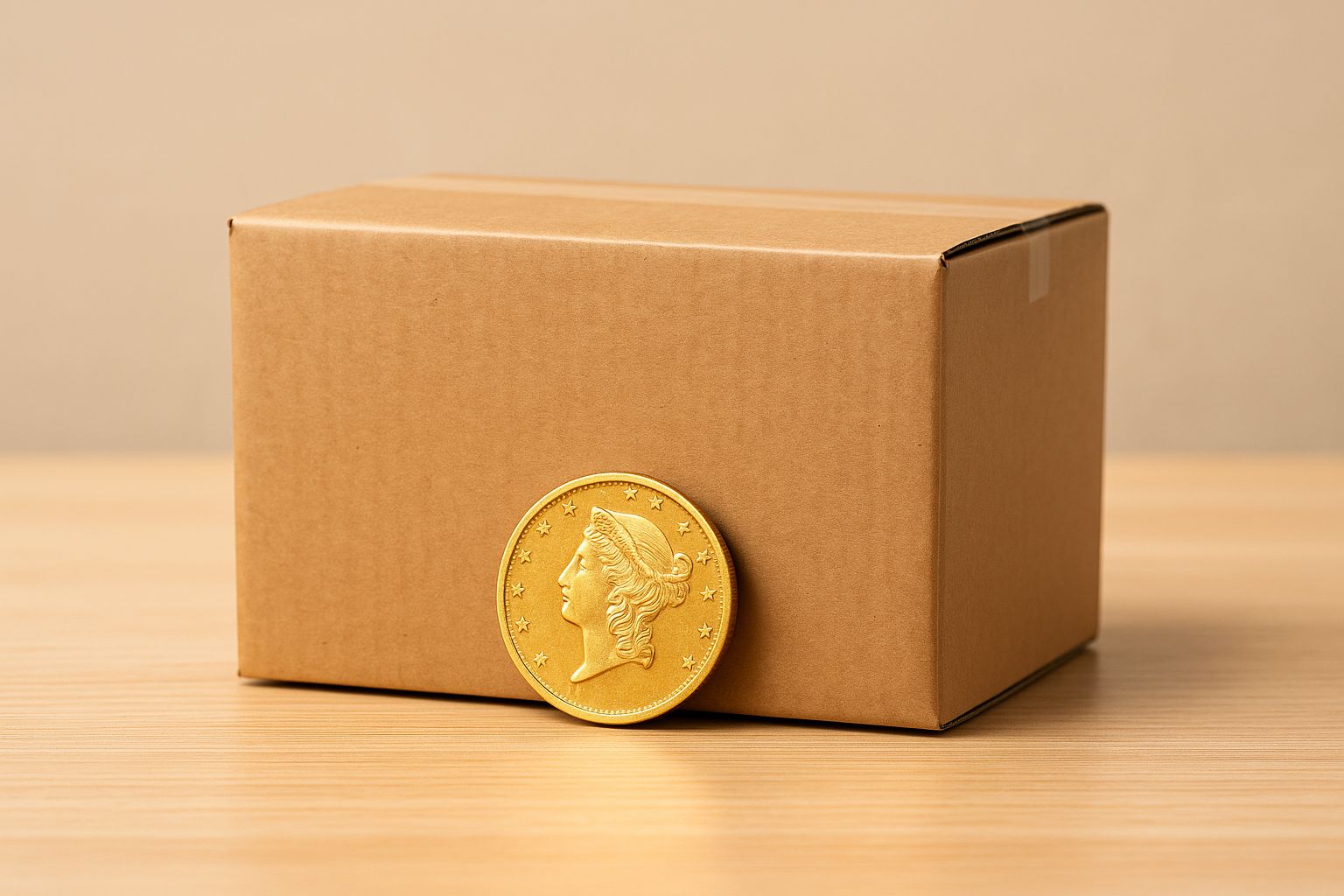 Smycken, mynt och en försändelse i ett paket, redo att skickas med posten.