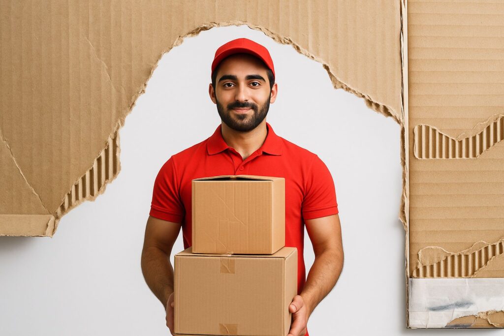 Företagare paketerar varor vid ett bord med fraktetiketter, en laptop och streckkodsläsare.