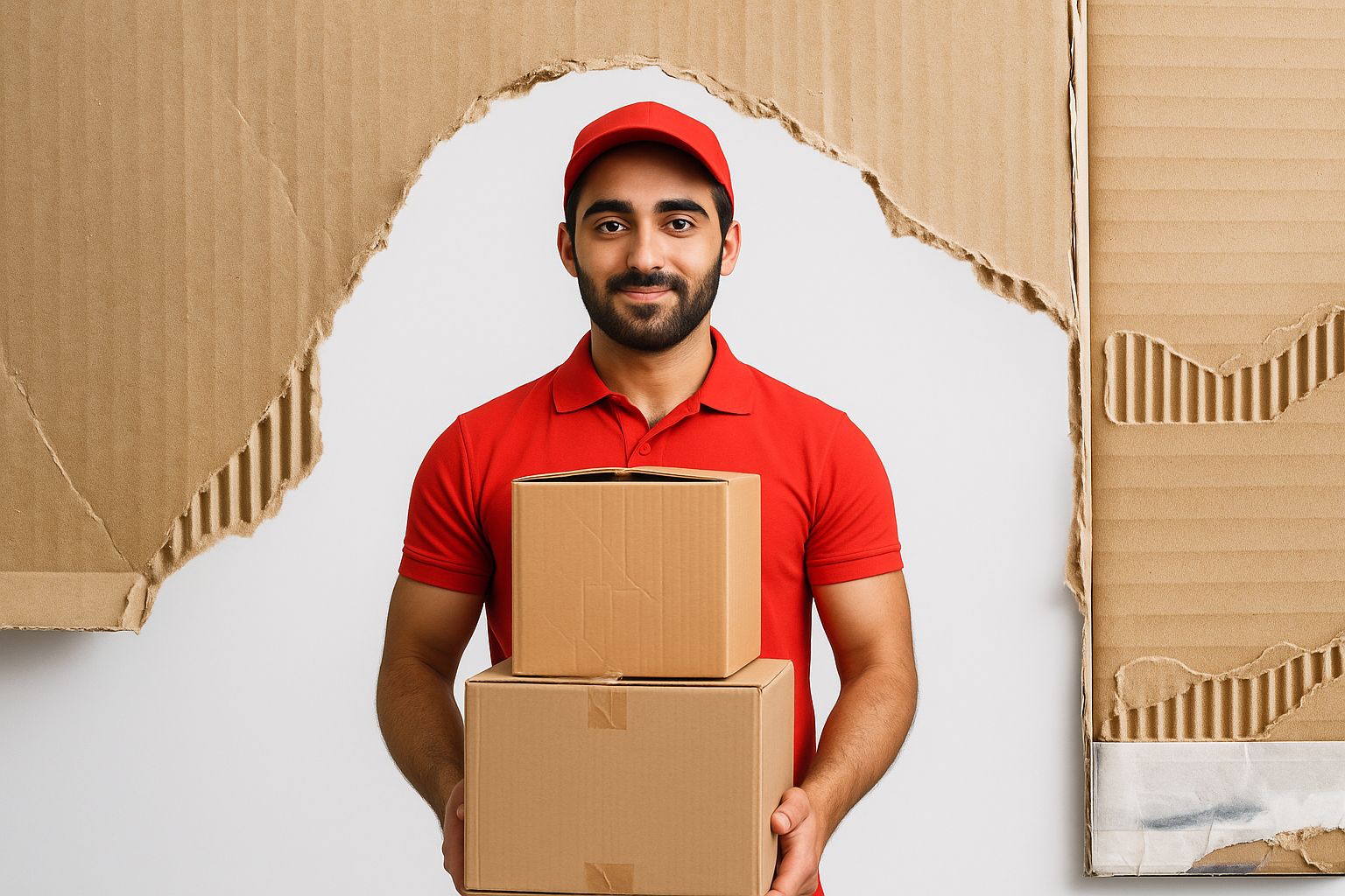 Företagare paketerar varor vid ett bord med fraktetiketter, en laptop och streckkodsläsare.